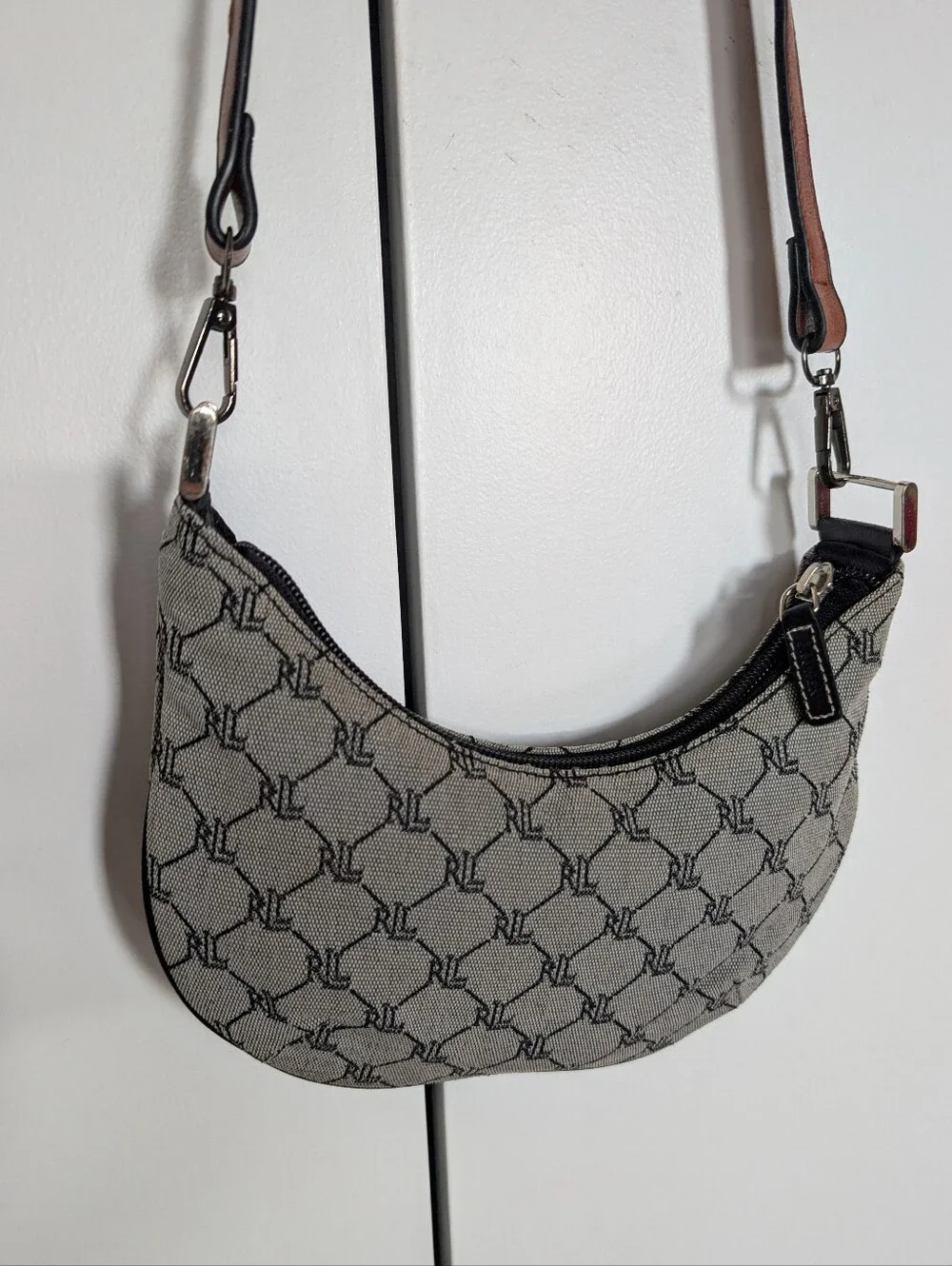 Vintage Ralph Lauren Gray Monogram Crescent Shoulder Bag with Adjustabable Strap